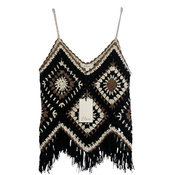 Elan Western Knit Tank Black/Brown L Crochet Fringe Patchwork Resort Whimsygoth - Picture 4 of 11